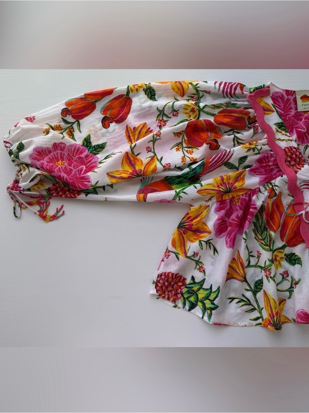FARM Rio White Floral Boho Tie-Front Ruffle Blouse - Picture 6 of 12